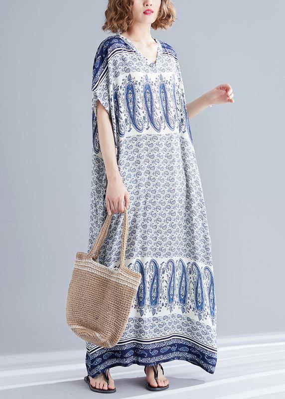 Stylish Blue Print Cotton V Neck Summer Dress
