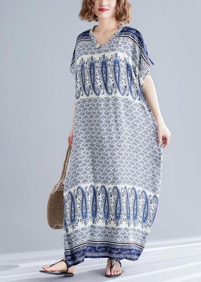 Stylish Blue Print Cotton V Neck Summer Dress