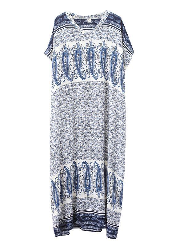 Stylish Blue Print Cotton V Neck Summer Dress