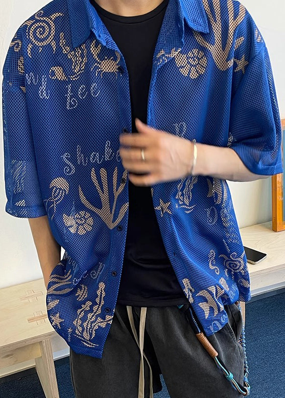 Stylish Blue Print Hollow Out Tulle Shirts Half Sleeve