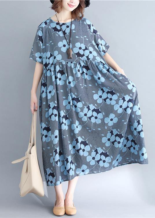 Stylish Blue Print Short Sleeve Summer Cotton Dress