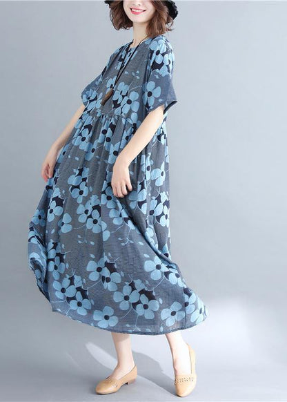 Stylish Blue Print Short Sleeve Summer Cotton Dress