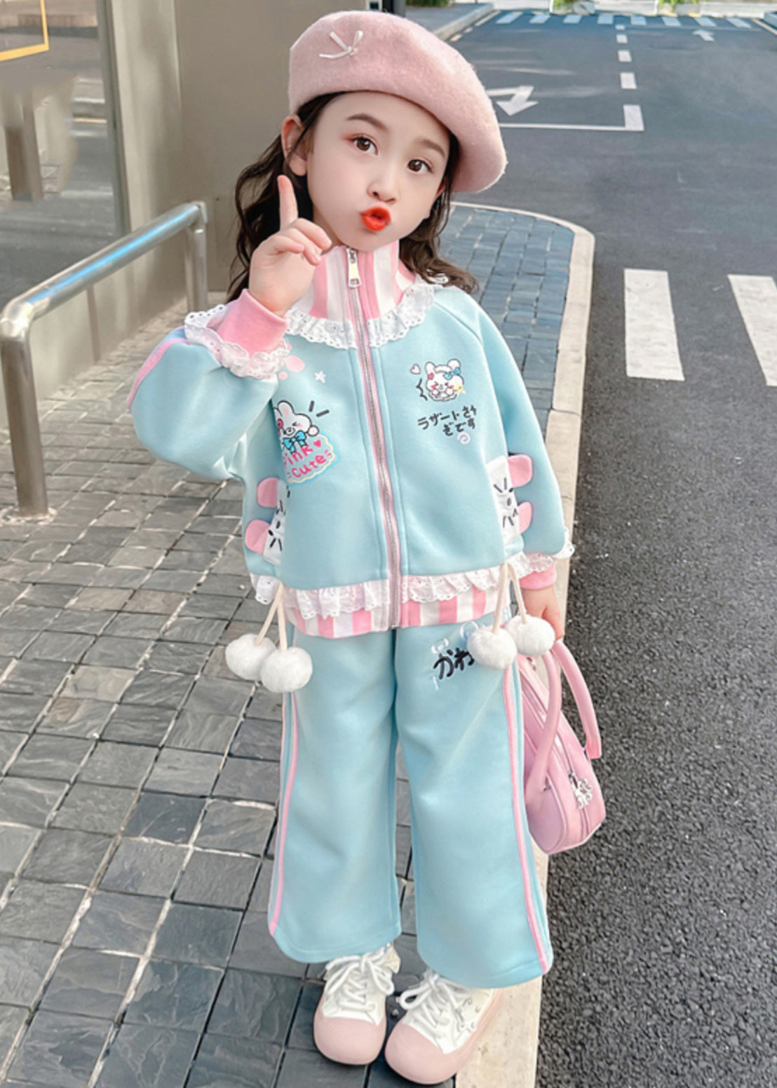 Stylish Blue Ruffled Patchwork Kids Coats and Straight Pants Two Pieces Set Spring