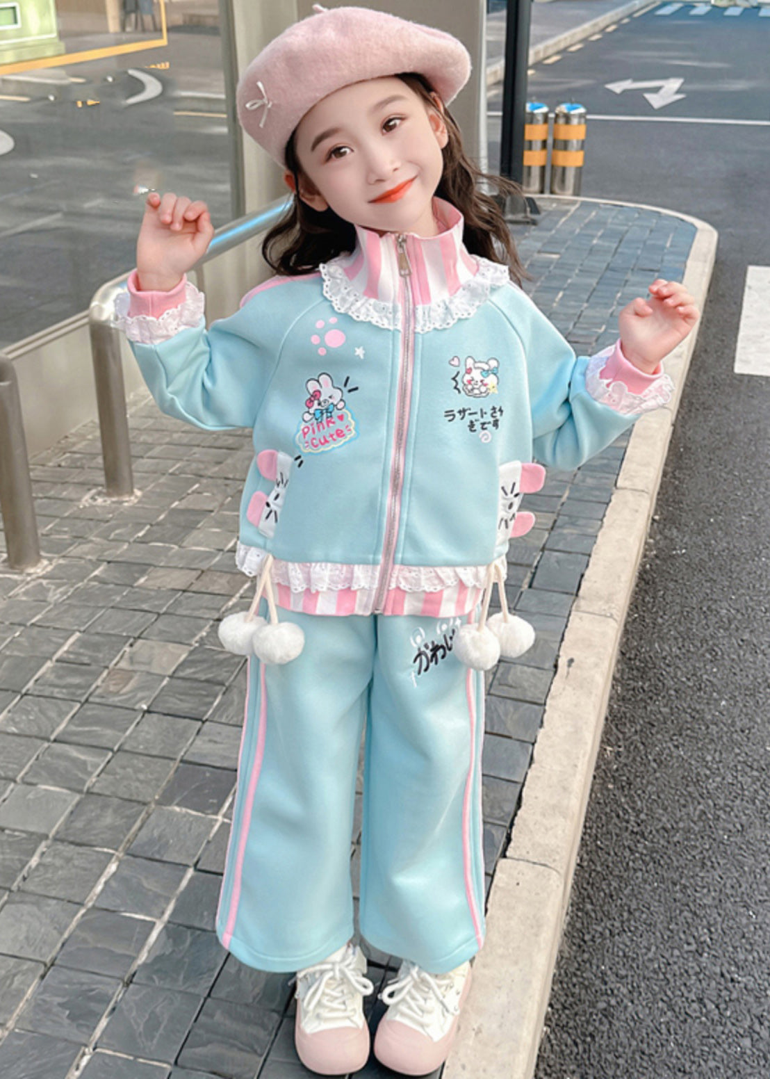 Stylish Blue Ruffled Patchwork Kids Coats and Straight Pants Two Pieces Set Spring