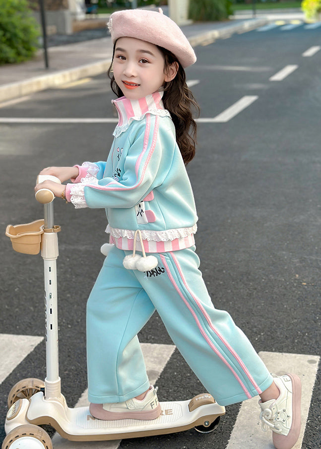 Stylish Blue Ruffled Patchwork Kids Coats and Straight Pants Two Pieces Set Spring