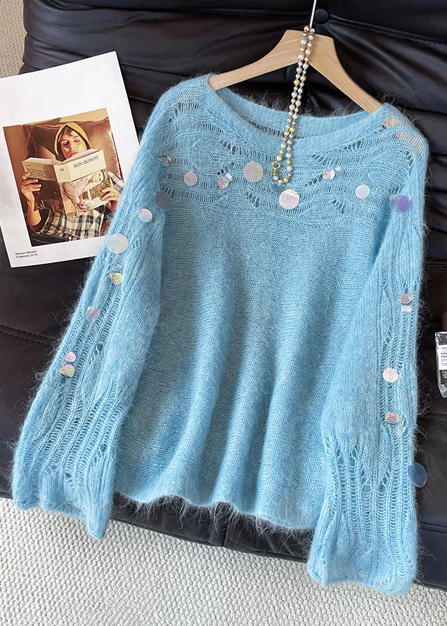 Stylish Blue Sequins Hollow Out Knit Sweater Fall
