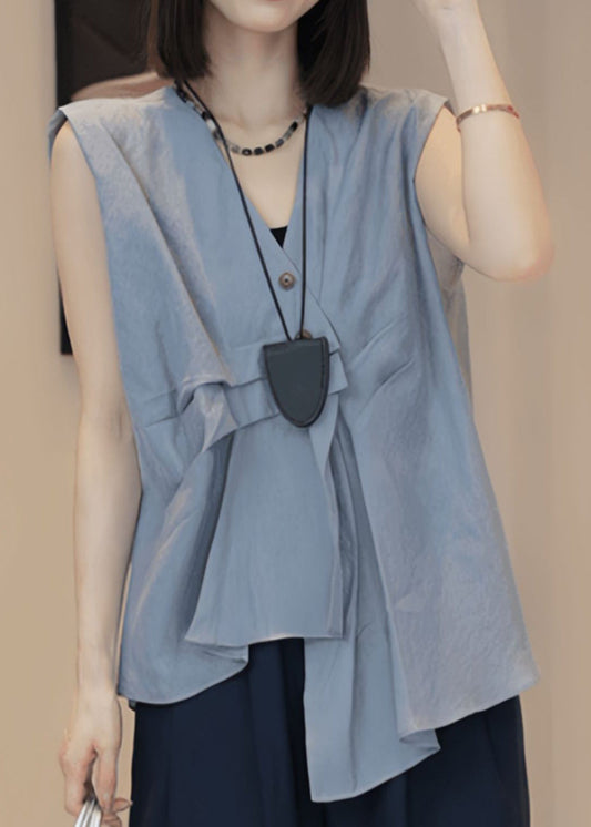 Stylish Blue V Neck Asymmetrical Wrinkled Shirt Sleeveless