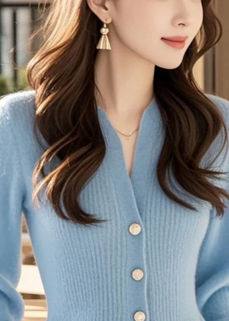 Stylish Blue V Neck Button Knit Sweater Spring