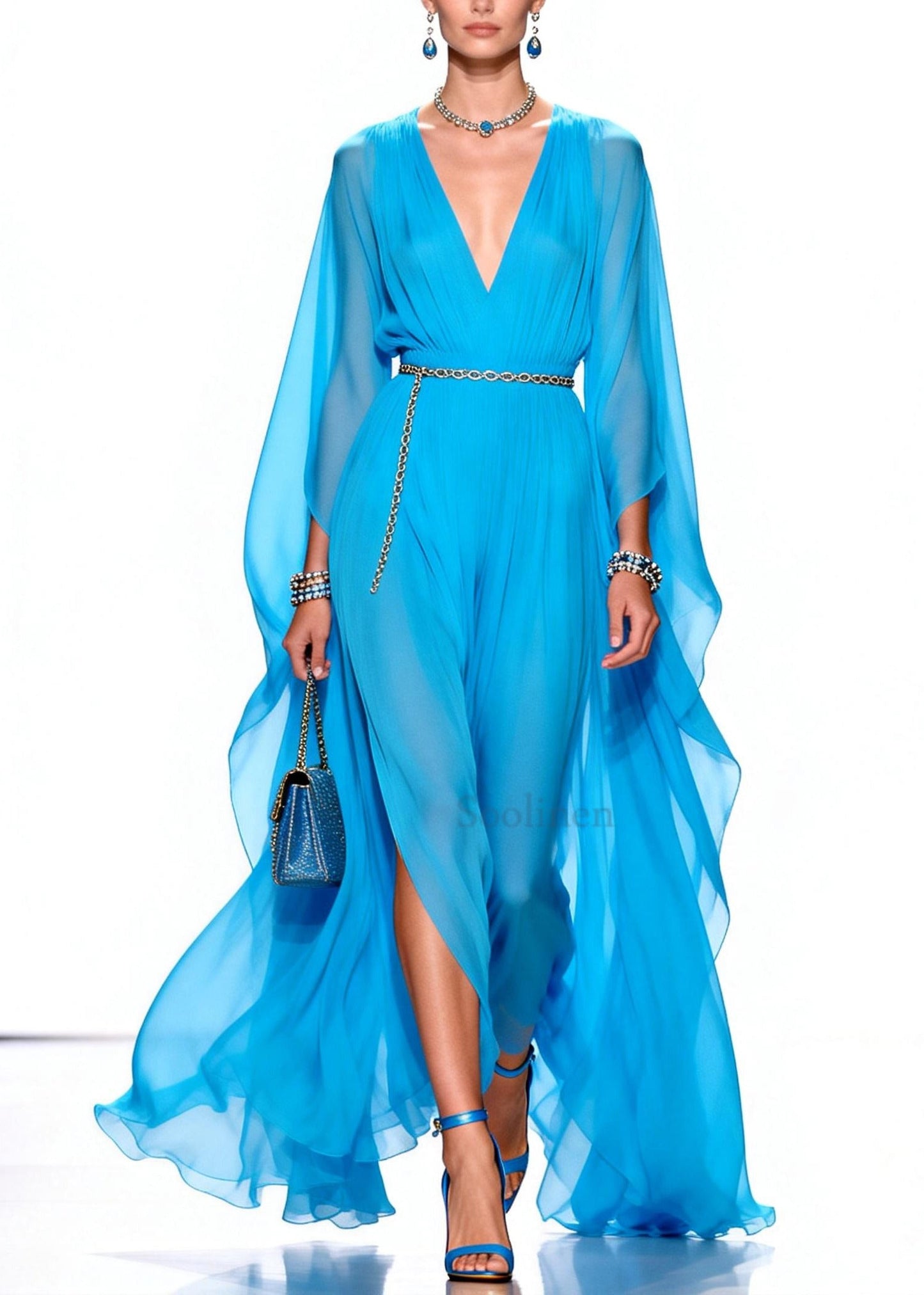Stylish Blue V Neck Draping Chiffon Maxi Dresses Summer