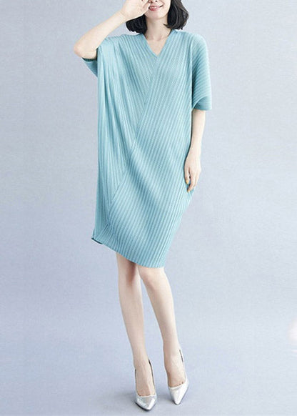 Stylish Blue V Neck Striped Patchwork Mid Dress Summer