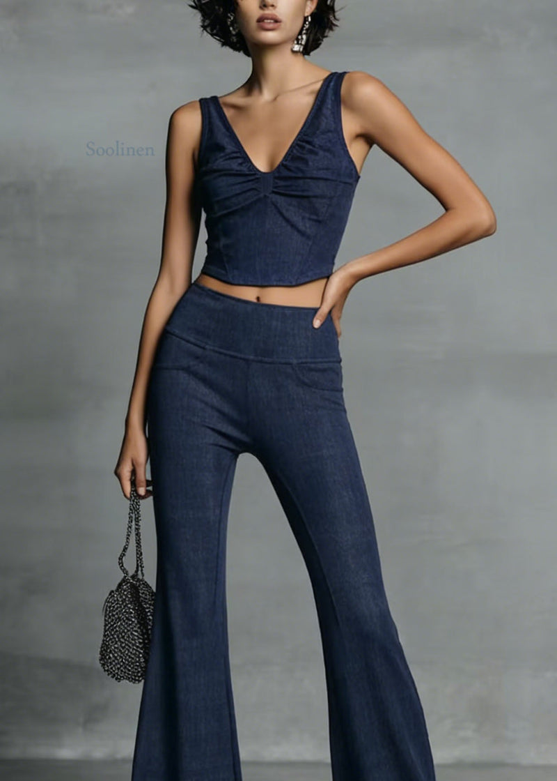 Stylish Blue V Neck Tank and Flared Trousers Cotton Two Piece Set Summer