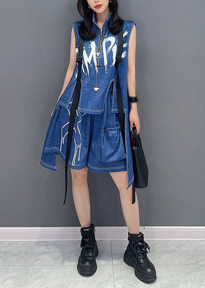 Stylish Blue Zip Up Patchwork Tops and Shorts Denim Two Pieces Set Sleeveless