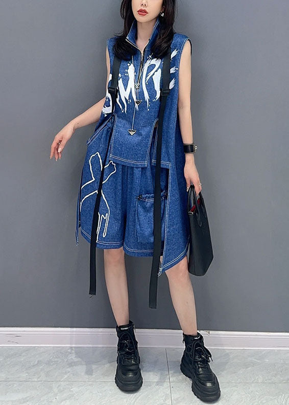 Stylish Blue Zip Up Patchwork Tops and Shorts Denim Two Pieces Set Sleeveless