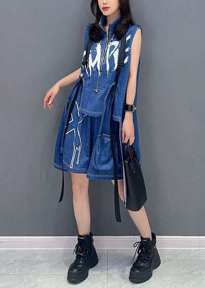 Stylish Blue Zip Up Patchwork Tops and Shorts Denim Two Pieces Set Sleeveless