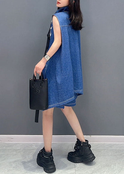 Stylish Blue Zip Up Patchwork Tops and Shorts Denim Two Pieces Set Sleeveless