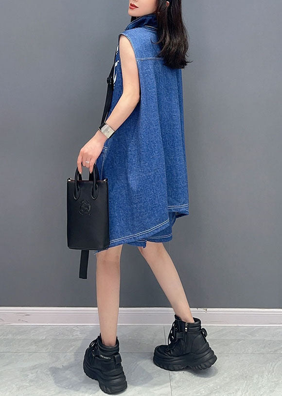 Stylish Blue Zip Up Patchwork Tops and Shorts Denim Two Pieces Set Sleeveless