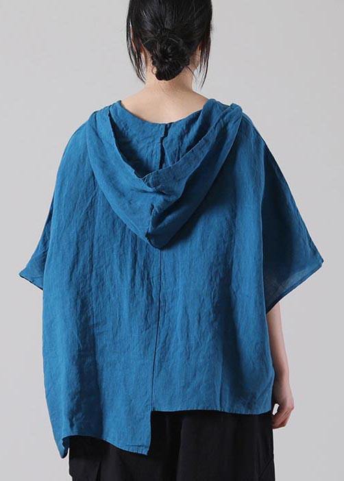 Stylish Blue Asymmetrical Design Cotton Linen Shirt Summer