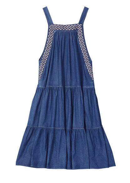 Stylish Blue Wrinkled Embroideried Spaghetti Strap Cotton Denim Dresses Spring