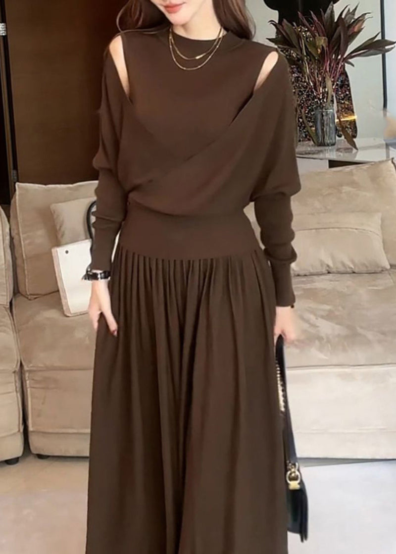 Stylish Brown Asymmetrical Cotton Knit Sweater and Maxi Skirts Two Pieces Set Winter