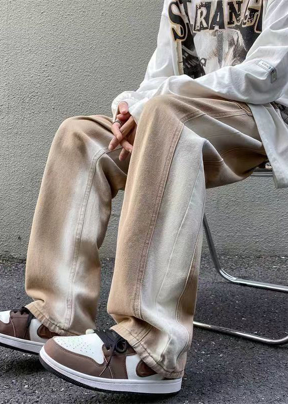 Stylish Brown Gradient Pockets Denim Pants Fall