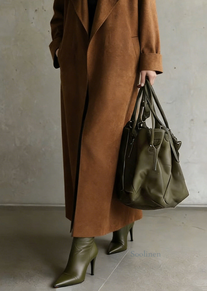 Stylish Brown Peter Pan Collar Pockets Faux Suede Long Coat Spring
