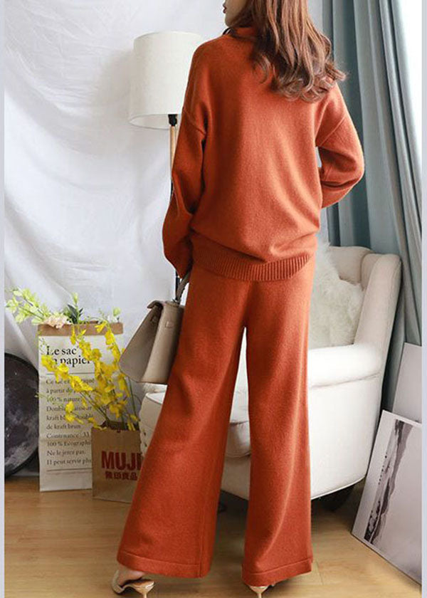 Stylish Caramel Turtle Neck Wool Knit Sweater and Wide Leg Pant Two Pieces Set Spring