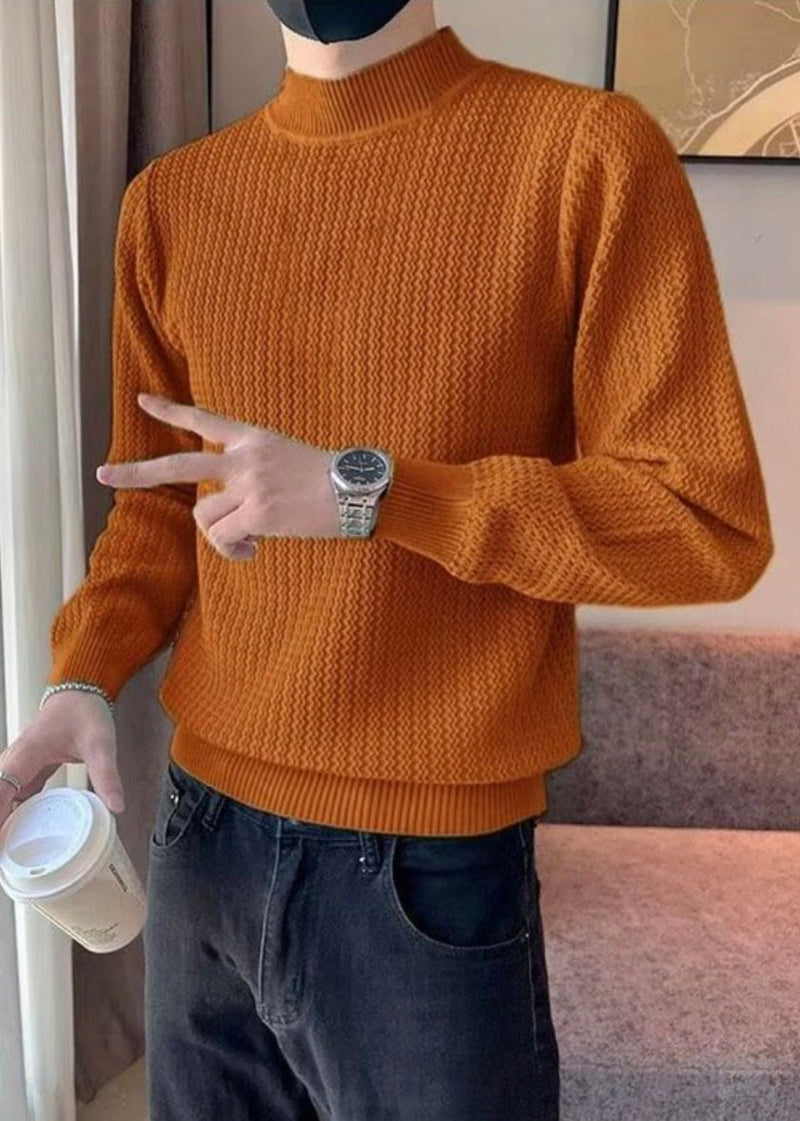 Stylish Caramel Turtleneck Striped Knit Sweater Winter