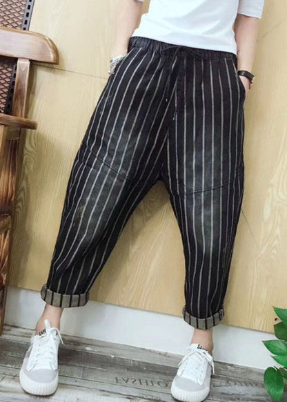 Stylish Elastic Waist Pockets Striped Fall Denim Pants