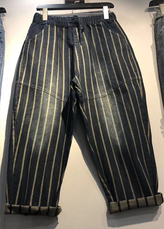 Stylish Elastic Waist Pockets Striped Fall Denim Pants