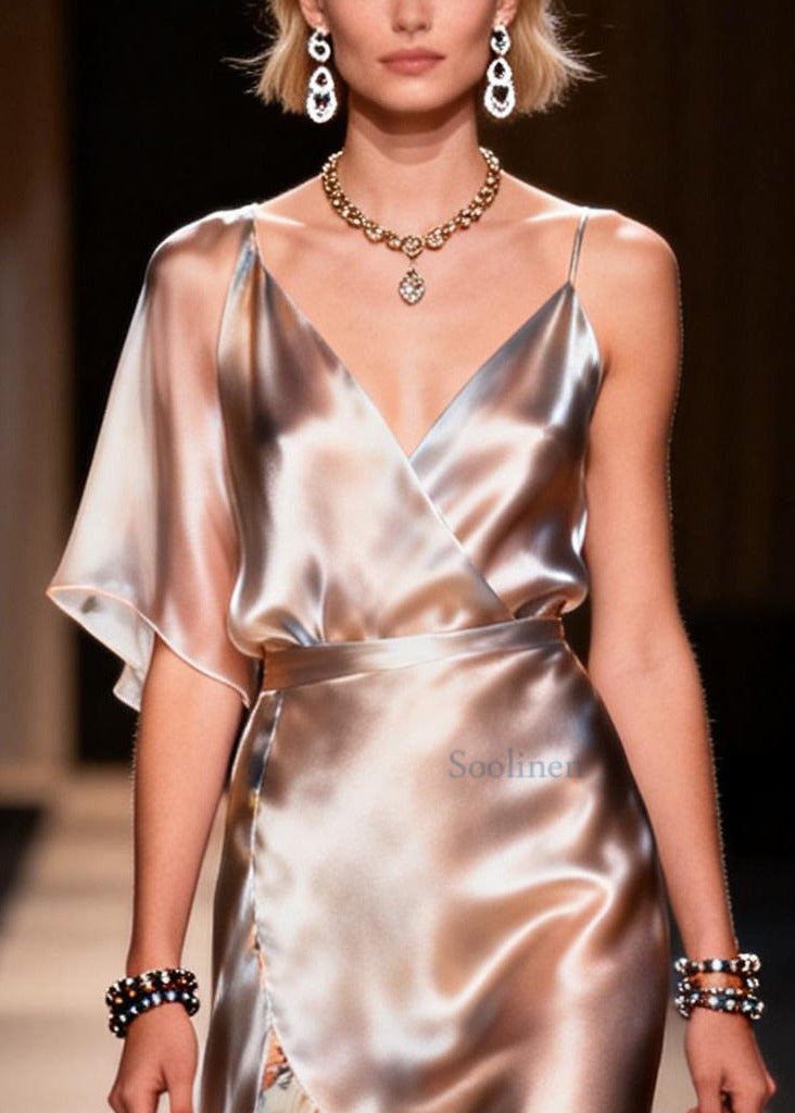 Stylish Champagne Patchwork Side Open Silk Cami Dresses Summer