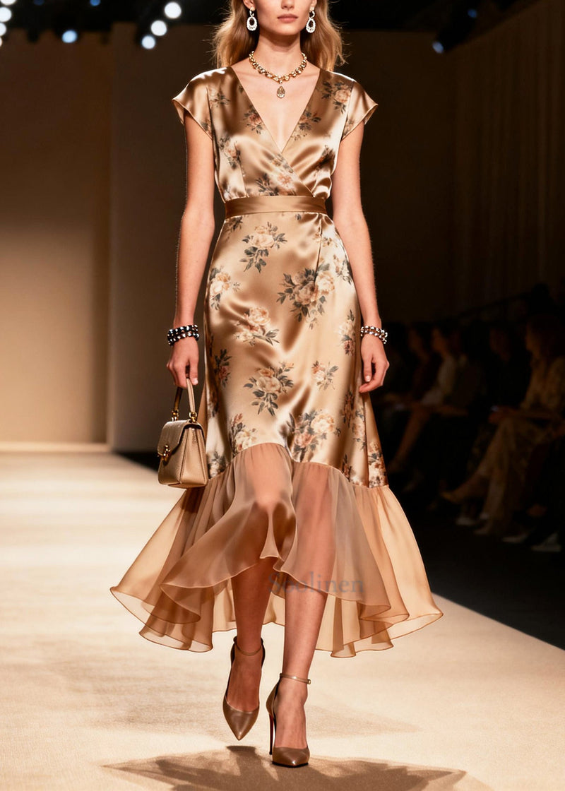 Stylish Champagne Print Patchwork Silk Maxi Dresses Summer