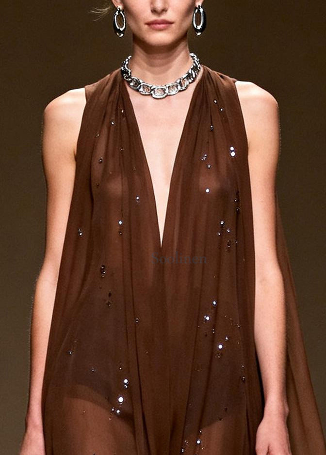 Stylish Chocolate Rhinestone Exra Large Hem Chiffon Vacation Dress Sleeveless