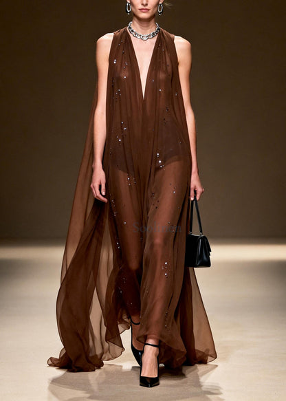 Stylish Chocolate Rhinestone Exra Large Hem Chiffon Vacation Dress Sleeveless