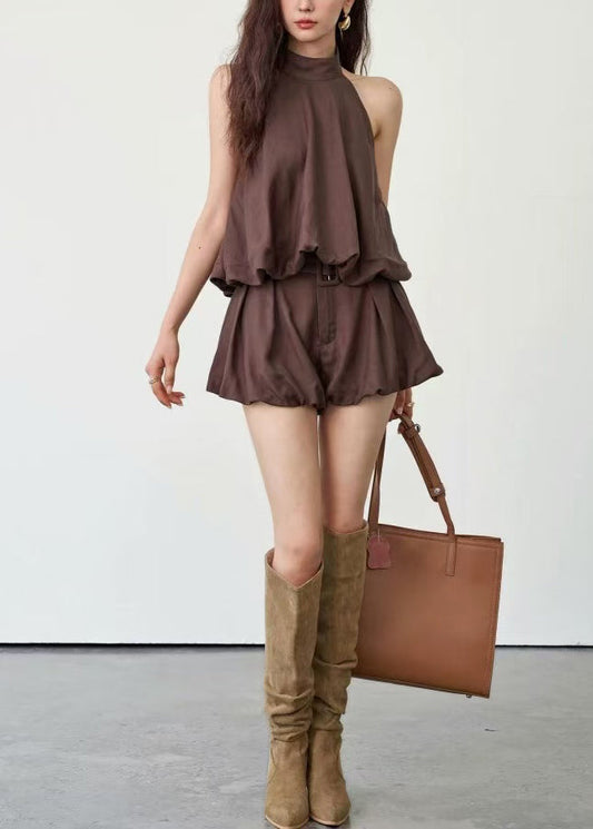 Stylish Coffee Backless Tops and Shorts Cotton Two Pieces Set Sleeveless