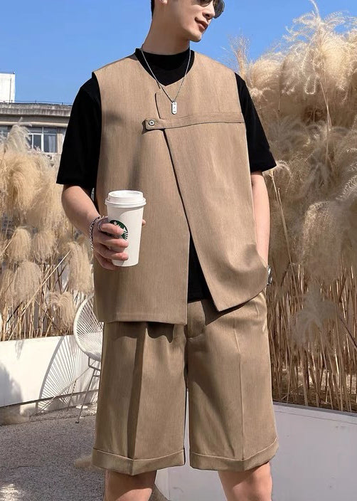 Stylish Coffee Button Waistcoat and Shorts Spandex Two Pieces Set Sleeveless