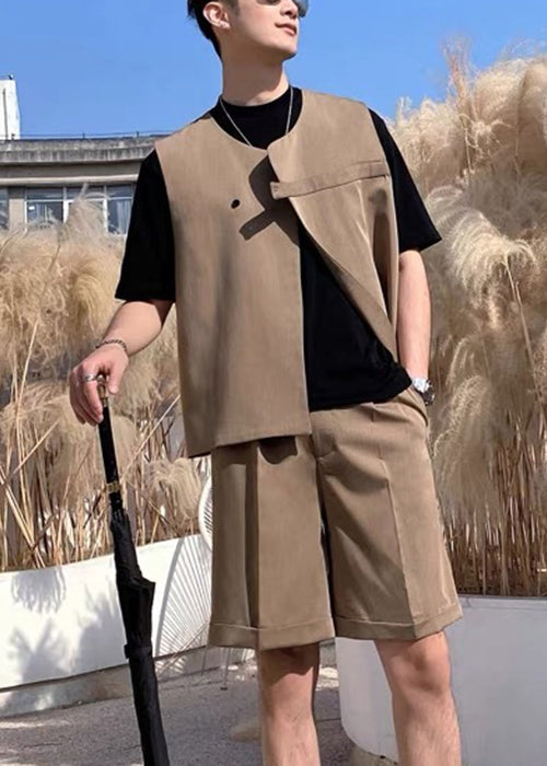 Stylish Coffee Button Waistcoat and Shorts Spandex Two Pieces Set Sleeveless