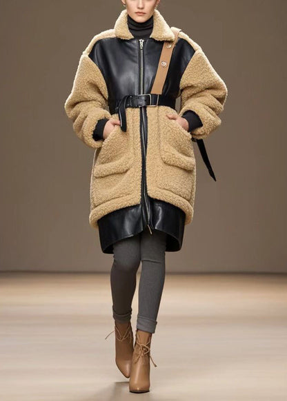 Stylish Coffee Cinched Patchwork Pu Warm Fleece Trench Winter