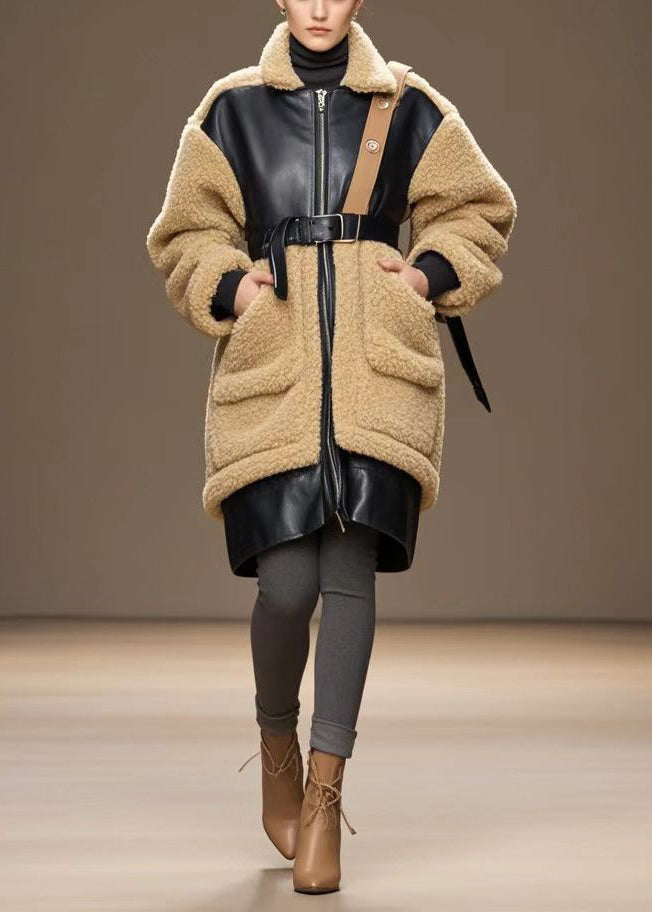 Stylish Coffee Cinched Patchwork Pu Warm Fleece Trench Winter