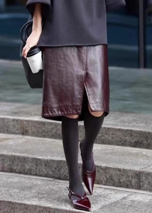 Stylish Coffee Front Open High Waist Faux Leather Skirts Spring