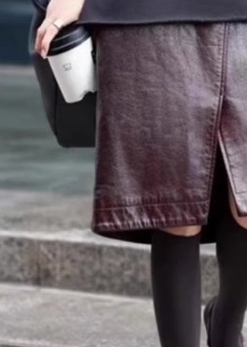 Stylish Coffee Front Open High Waist Faux Leather Skirts Spring
