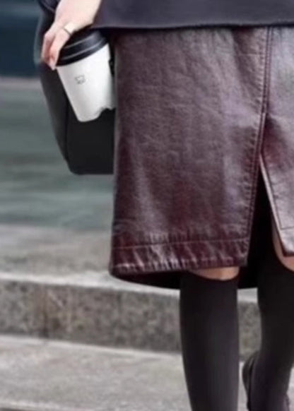 Stylish Coffee Front Open High Waist Faux Leather Skirts Spring