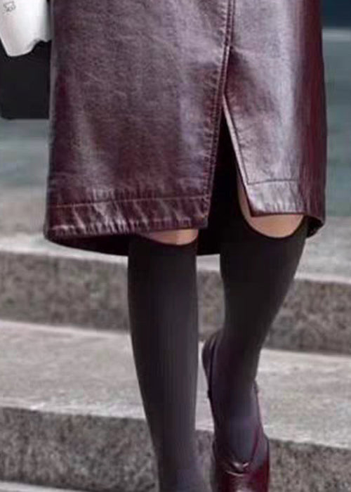 Stylish Coffee Front Open High Waist Faux Leather Skirts Spring