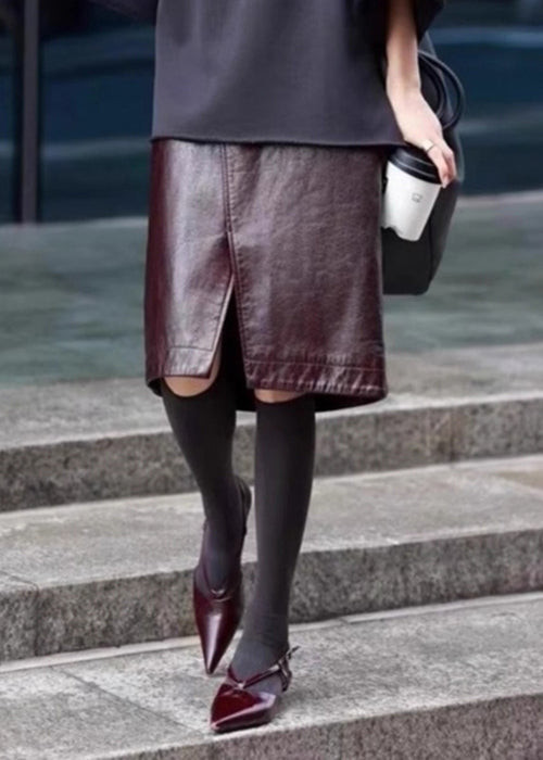 Stylish Coffee Front Open High Waist Faux Leather Skirts Spring
