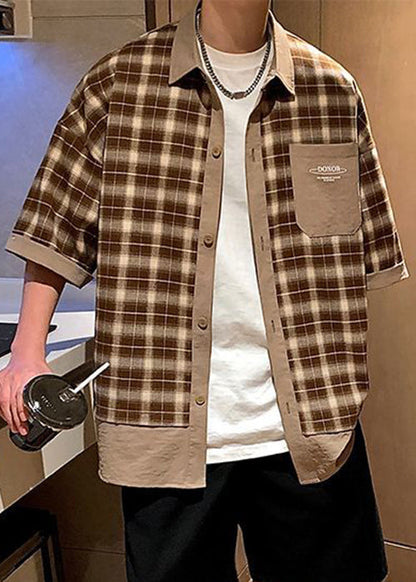 Stylish Coffee Plaid Button Cotton Shirts Summer