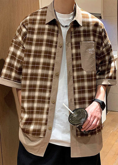 Stylish Coffee Plaid Button Cotton Shirts Summer