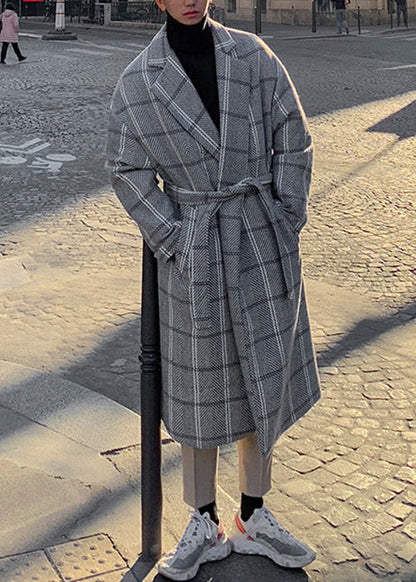 Stylish Coffee Plaid Notched Tie Waist Woolen Coats Winter