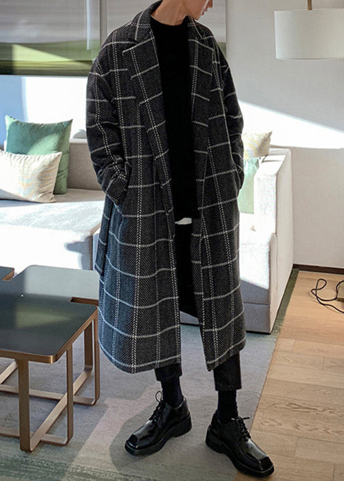 Stylish Coffee Plaid Notched Tie Waist Woolen Coats Winter