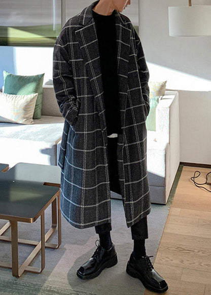 Stylish Coffee Plaid Notched Tie Waist Woolen Coats Winter