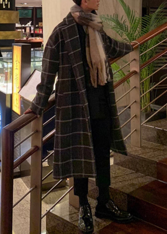 Stylish Coffee Plaid Notched Tie Waist Woolen Coats Winter