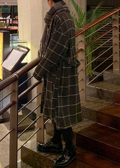 Stylish Coffee Plaid Notched Tie Waist Woolen Coats Winter